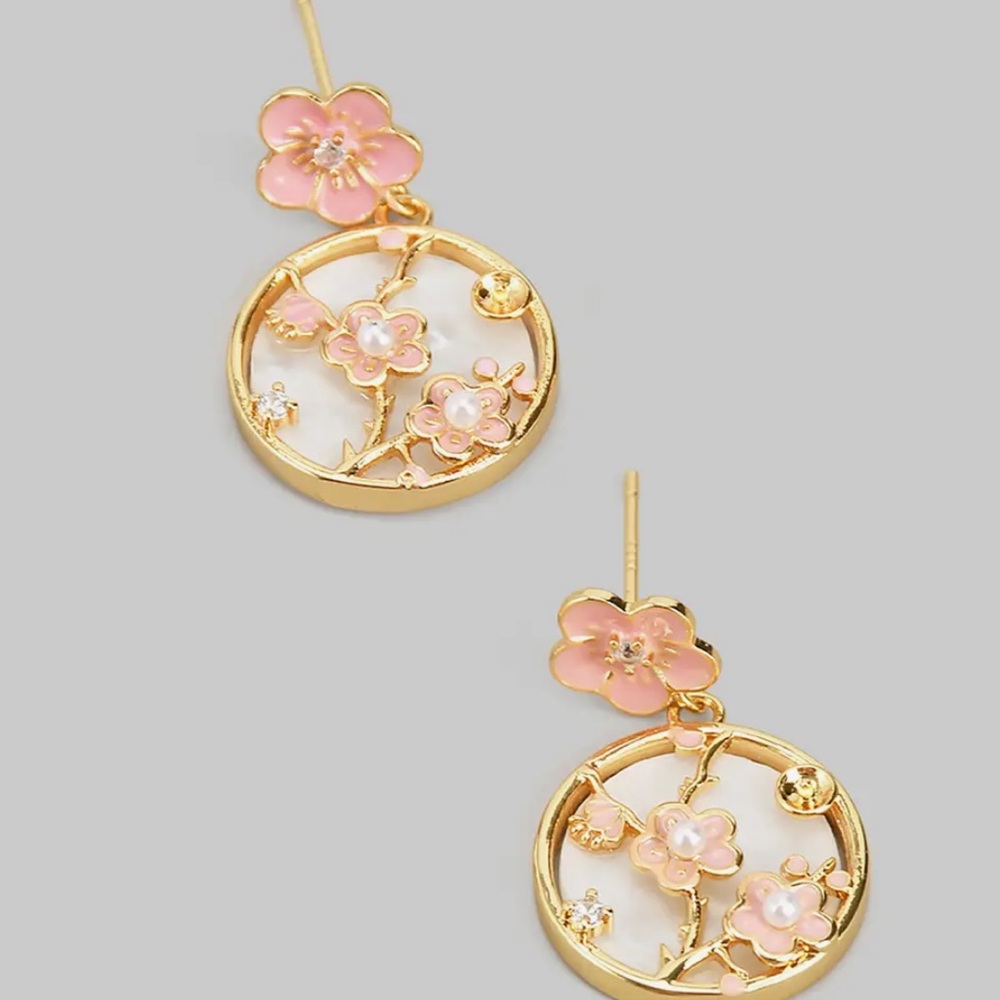 704. Cherry blossom post drop earrings in gold and pink